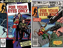 Two comic books covers, both titled "FOR YOUR EYES ONLY". The cover on the left shows a man with a pistol, with a blonde woman in front of him. In front of both of them a brunette woman holds a crossbow. The cover on the right shows the same man and brunette woman abseiling on a cliff, with two guns in the foreground pointing at them.