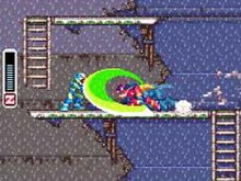 The player character Zero dashes left and slashes at an enemy. The left-sided HUD displays the player's remaining health. Megamanzero gameplay.jpg