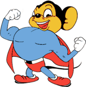 Mighty Mouse, as the character originally appeared, wearing a costume reminiscent of Superman's. Mighty Mouse (original blue version).png