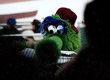 PHILADELPHIA, PA - APRIL 24: The Philadelphia Flyers mascot Grittyhigh  fives the Phillie Phanatic for his birthday prior ro the Major League  Baseball game between the Philadelphia Phillies and the Milwaukee Brewers