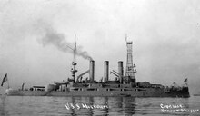 Missouri in late 1909 with one cage mast installed USS Missouri c. 1909.tiff