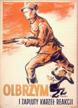 Postwar Polish communist propaganda poster depicting "The giant and the putrid reactionary midget", meaning the communist People's Army soldier and th