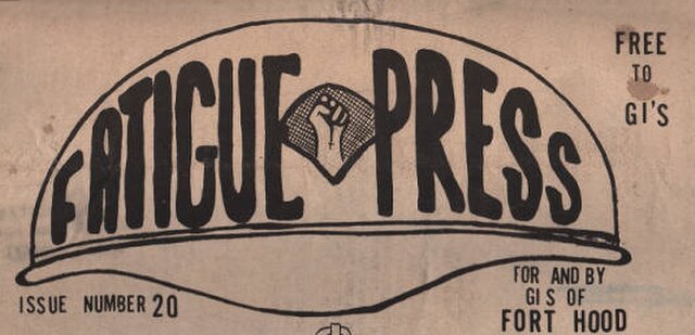 Logo for Fatigue Press, the G.I. underground newspaper at Fort Hood army base in Killeen, Texas from 1968 to 1972