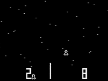 Gameplay of Space Race, with the timer near the start of the game and player 2 in the lead. Space Race gameplay.png