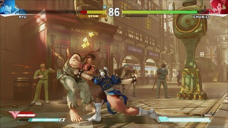 Chun-Li (right) battles Ryu (left) in the Union Station stage. The game features 3D characters and backgrounds, but is played in a 2D arena.