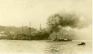 Wellesley burning at her moorings in the River Tyne at North Shields on the afternoon of 11 March 1914, photographed from South Shields. Wellesley burning 1914.JPG