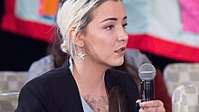 Diem Saunders speaking at the National Inquiry into Missing and Murdered Indigenous Women and Girls in Nova Scotia in 2017 Diem Saunders in 2017.jpg