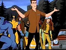 Cannonball standing in front of several members of the X-Men, from the X-Men cartoon.