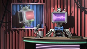 Evil talk-show-host robot IR-2 attempts to conquer the Universe in the Robot Astronomy Talk Show episodes, here encountering his evil talk-show-host twin Ir2sittingatdesk.jpg