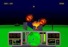 The player's aircar destroying a base installation before engaging in combat with an enemy tank in the first mission of AirCars JAG AirCars.png