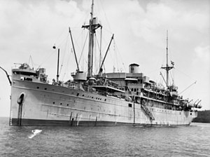 Jacquinot Bay, New Britain. 1944-11-26. The Dutch troopship the S.S. "Van Heutz" at anchor in the bay.JPG