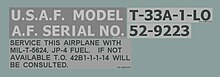 Typical Vehicle Designation Stencil for a USAF aircraft. This one is on the port side of a T-33A under the canopy frame. Model Designation.JPG