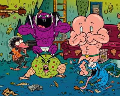 The main characters of the show; clockwise from left: Slog, Festro, The Fart, Gweelok and Dingle