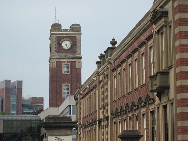 The Chocolate Works factory clock tower, with York Racecourse in the background