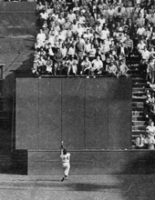 The Catch: Willie Mays hauls in Vic Wertz's drive near the wall in Game 1 of the 1954 World Series. The Catch.png
