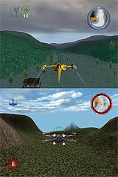 The top half of the image depicts a yellow aircraft flying in a gloomy, swamp-like setting; shadowy, hilly terrain can be seen in the distance. The bottom half of the image depicts an "x"-shaped aircraft flying in a green canyon; a half-transparent pyramid can be seen in the distance.