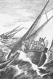 A "draug" from modern Scandinavian folklore aboard a ship, in sub-human form, wearing oilskins Draug.jpg