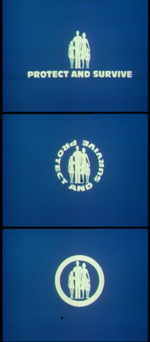 The Protect and Survive end credit seen at the end of each film accompanied by a circle animation and electronic musical phrase composed by Roger Limb Protect And Survive logo.png