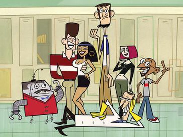 The original main characters of Clone High: Mr. Butlertron, JFK, Cleopatra, Abe Lincoln, Joan of Arc, Gandhi and Cinnamon J. Scudworth (reclining).