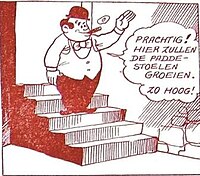 Doris Dobbel in his wine cellar. Gag from the early 1950s. Translation from his speech balloon: "Wonderful. Here will the mushrooms grow, this big!".