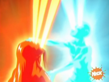 An elemental bending technique new to humans, energybending, is introduced. The blue and orange-colored illuminations represent the intense struggle between purification and corruption, a recurring theme within the series. From a development standpoint, Konietzko said that this scene was particularly difficult to realize. Energybending.PNG