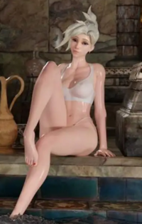 A middle-aged white, blonde, female computer-generated character sitting down at the edge of a pool, with one leg raised.