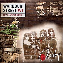 Torn fragments of past Quireboys concert posters and an image of the band from the early 1990s, affixed to a brick wall. A street sign with the text "Wardour Street W1 / City of Westminster" is placed in the top left corner.