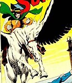 The original Pre-''Crisis'' Terra-Man riding his flying horse Nova; art by Neal Adams.