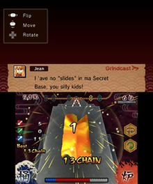 The player smiths a weapon by hitting the molten metal (lower screen) while the Grindcast is visible on the upper screen. Weapon Shop de Omasse gameplay.png