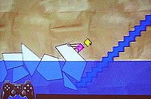 A screenshot of the early prototype, Craftworld, depicting Mr. Yellowhead dragging blocks from the water Yellowhead craftworld.jpg