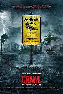 In the middle of a hurricane, an alligator swims past a bright yellow sign reading "DANGER!".