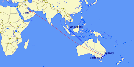 Map of international routes flown from Canberra Airport, as of July 2018