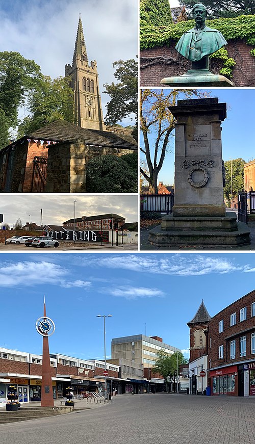 Clockwise from top left: St Peter and St Paul's Church, Bust of Sir Alfred East, Kettering Cenotaph, Town Centre and Mural