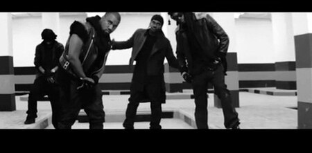 Kanye West, Big Sean, Pusha T and 2 Chainz standing at the end of the video.