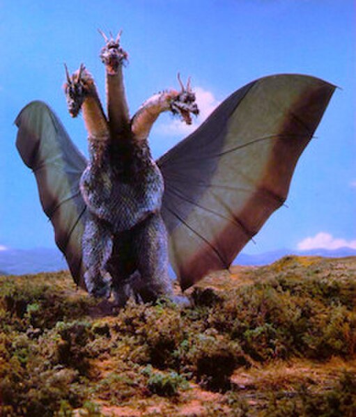 A production image of the first Ghidorah suit, not fully painted