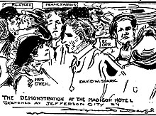 Frank H. Farris, center rear, during a discussion of the Susan B. Anthony Amendment, with other legislators and a constituent. Drawing by Marguerite Martyn for the St. Louis Post-Dispatch, February 9, 1913 Sketch by Marguerite Martyn of an animated discussion, 1913.jpeg