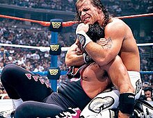 Bret Hart (left) fought Shawn Michaels in a 60-minute Iron Man match for the WWF Championship at WrestleMania XII. WMXIIhart.jpg