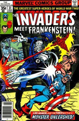 Marvel's second World War II-era Frankenstein Monster clone, in The Invaders #31 (Aug. 1978). Cover art by Joe Sinnott.