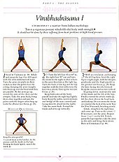 The book closely integrates text and photographs, showing how to enter the pose, here Virabhadrasana I, how to work within it, and how to use props such as yoga bricks to work correctly if the pose is found difficult. The effect is "rather more approachable" than Iyengar's own presentation. Approach of Yoga the Iyengar Way.JPG