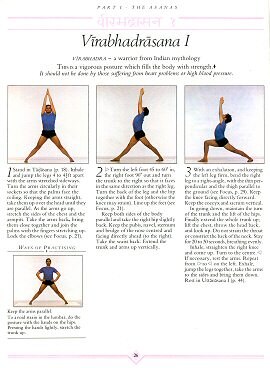 The book closely integrates text and photographs, showing how to enter the pose, here Virabhadrasana I, how to work within it, and how to use props su