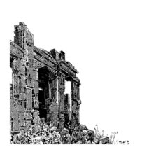 A black and white image of ruins.
