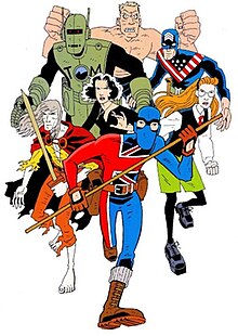 Several characters from Jack Staff - clockwise from bottom: Jack Staff, the Eternal Warrior, Helen Morgan, Tom Tom the Robot Man, the Hurricane, Sgt. States, Becky Burdock. Art by Paul Grist. JackStaffCast.jpg