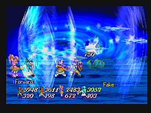 A shot of Meredy (far left) casting Freeze Lancer, with (left to right) Keele, Farah, and Reid. Toebattle2.jpg