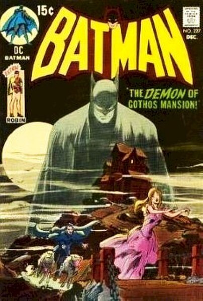Cover of Batman#227 (November 1970) returning Batman to the darker roots of the original publications. Art by Neal Adams.