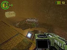 With Geo-Mod, the player can destroy this bridge, causing the APC to fall into the chasm below. Geomod.jpg