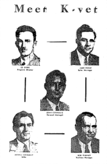 Five of the ten World War II veterans that established KVET on October 13, 1946; pictured in this group are general manager John Connally--a future Texas governor--and sales manager Jake Pickle, a future United States representative. Meetkvet.gif