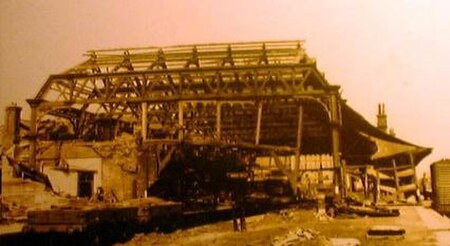 The original station building, following World War II Luftwaffe bombing, photographed in 1941.