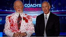 A still shot from 22 April 2017 broadcast in which Cherry wore the "blood spray" suit Coach's Corner.jpg