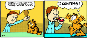 The appearance of the characters gradually changed over time; the left panel is from the March 7, 1980, strip; the right is from the July 6, 1990, strip Garfield-comparison.png