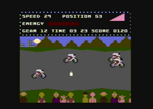 The cyclist is about to grab a bottle of milk that will renew his energy bar (Atari 8-bit screenshot) Milk Race (video game) Atari 8-bit PAL screenshot.png